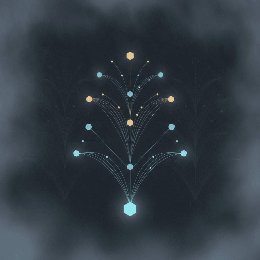 A minimalist illustration of a branching decision tree rendered as glowing nodes and connecting line