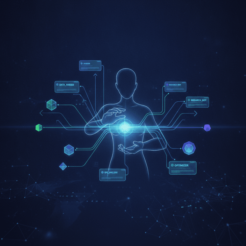 A clean, modern illustration of a person orchestrating multiple AI agents on a dark digital workspac