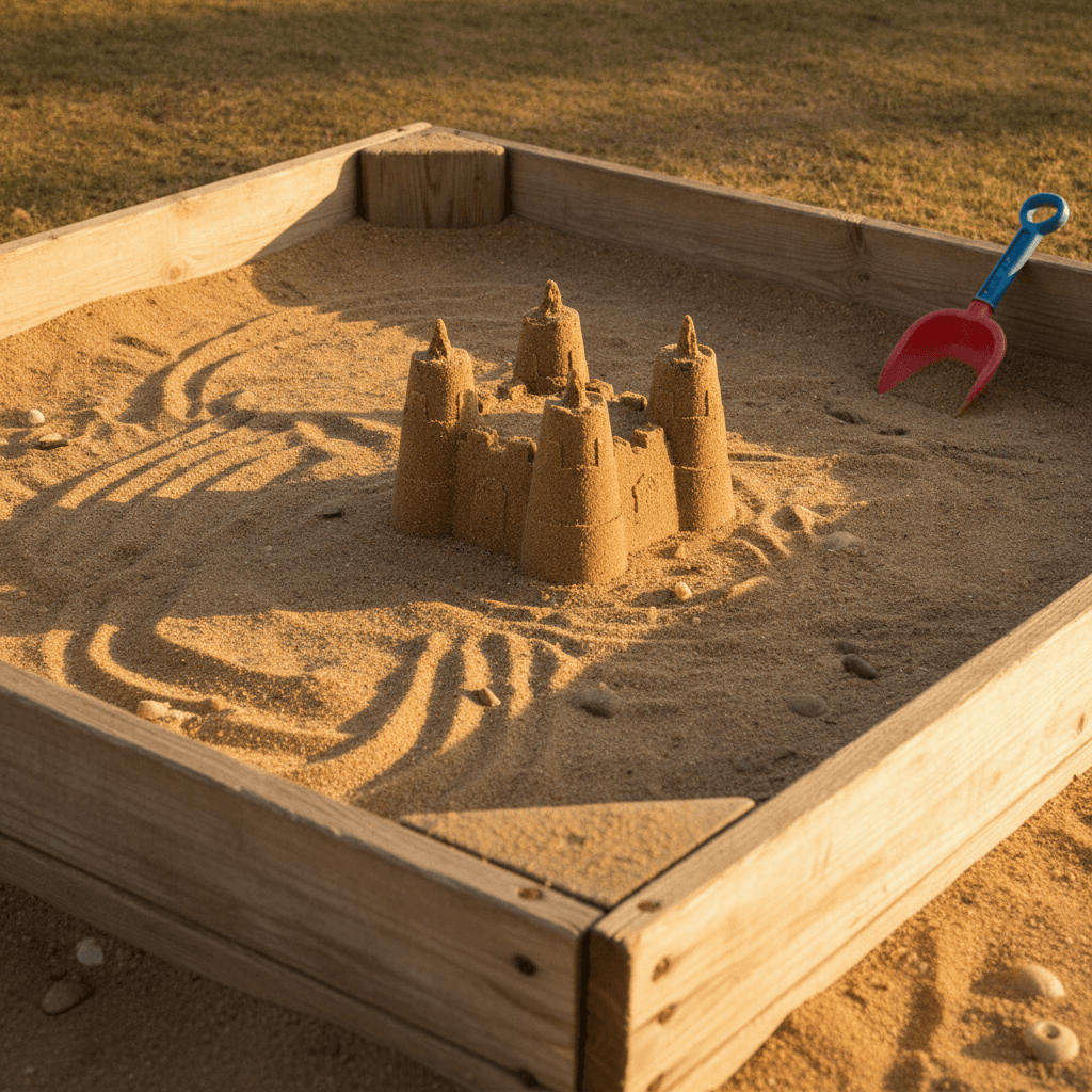 A carefully built sandcastle standing intact in a wooden sandbox in early morning light.