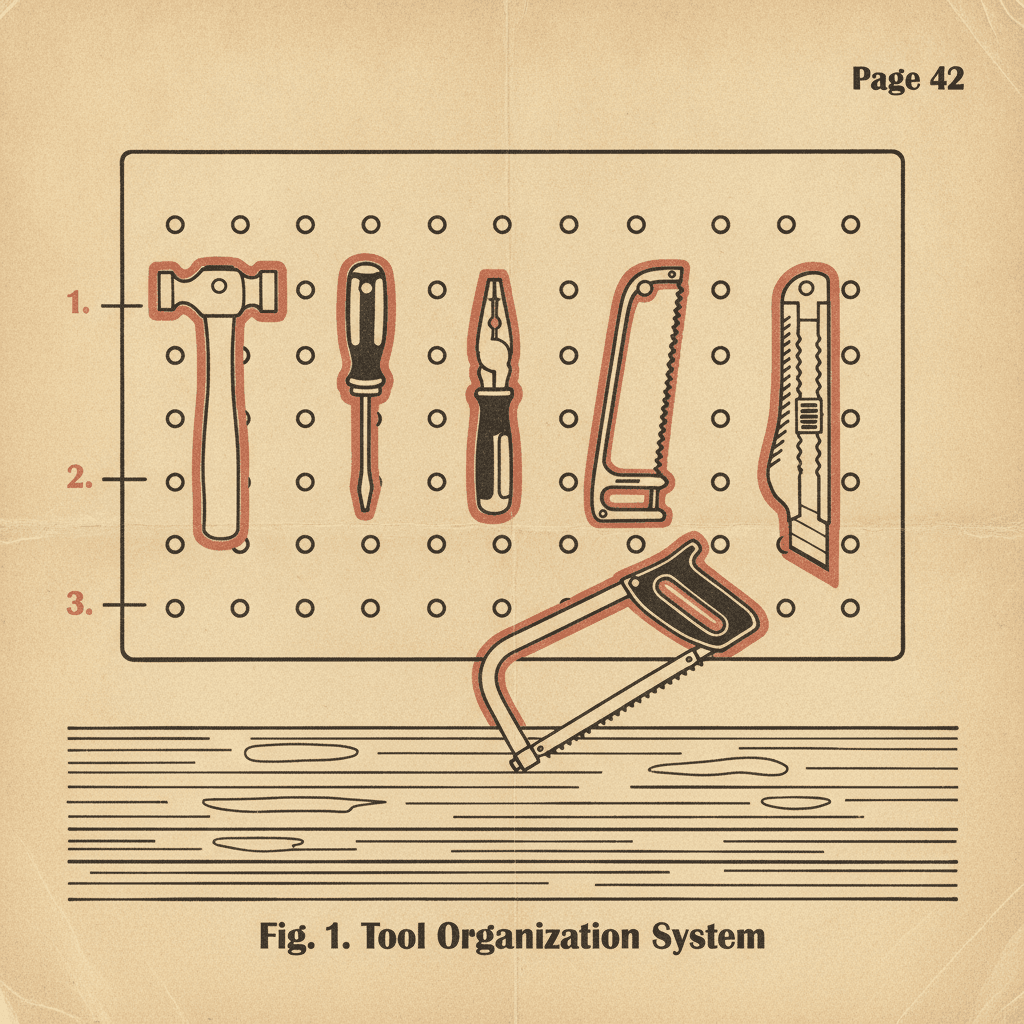 A pegboard of hand tools above a workbench, one tool lifted out of its painted outline.